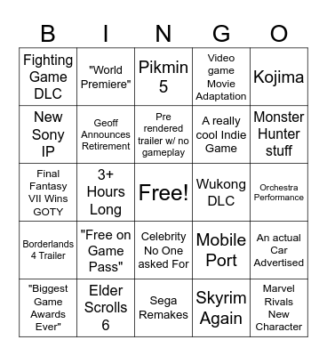 Game Awards Bingo Card