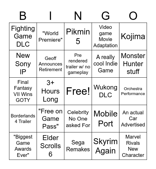 Game Awards Bingo Card