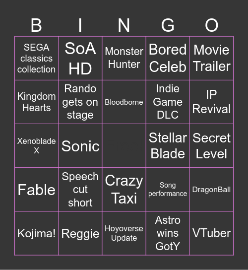 Game Awards 2024 Bingo Card
