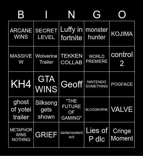 Game Awards Bingo Card