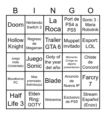 Goty 2024 Bingo Card