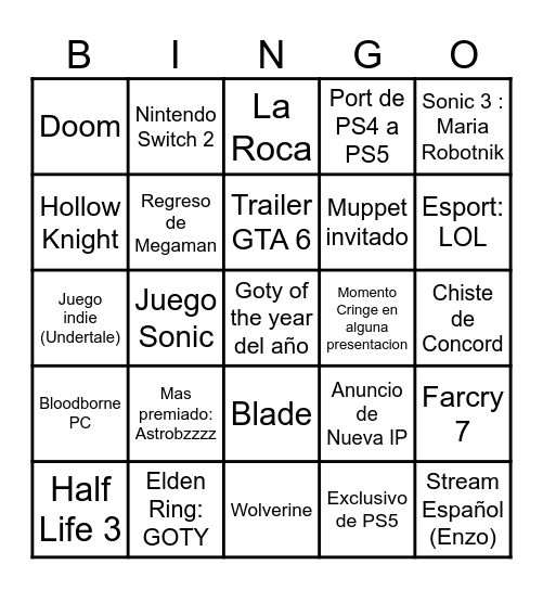 Goty 2024 Bingo Card