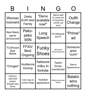 TGA2024 Bingo Card