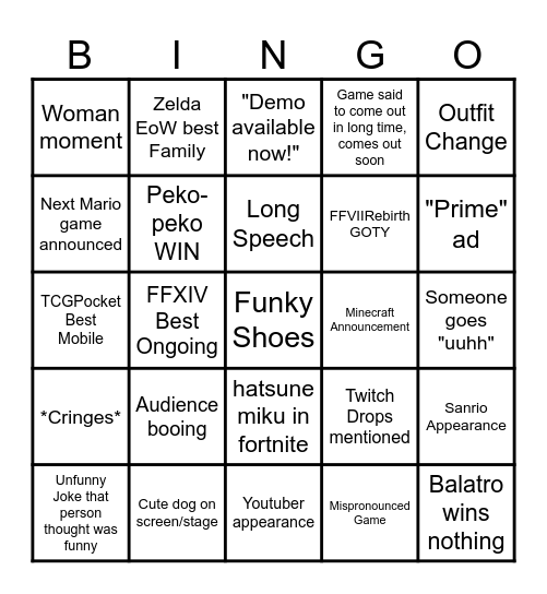 TGA2024 Bingo Card