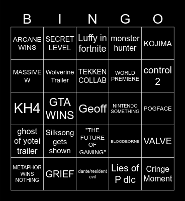 Game Awards Bingo Card