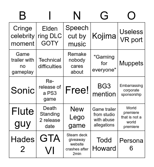 Game awards 2024 Bingo Card