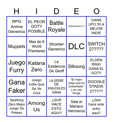 Bingo de los Game Awards Bingo Card