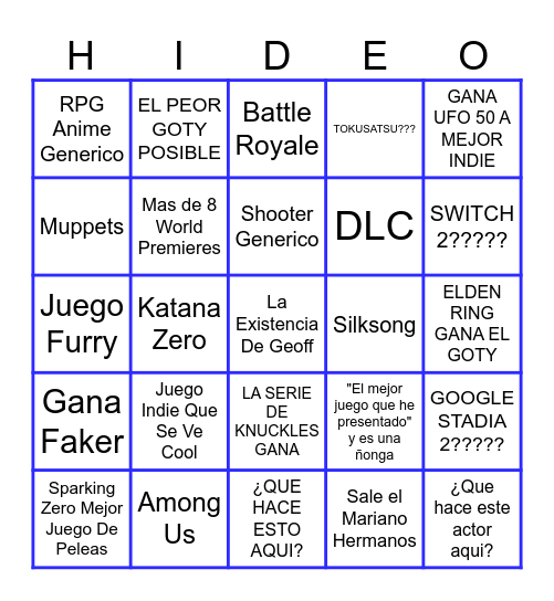 Bingo de los Game Awards Bingo Card