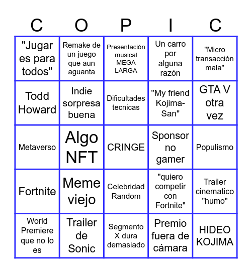 Bingo de los Game Awards Bingo Card