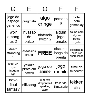 TGA Bingo Card
