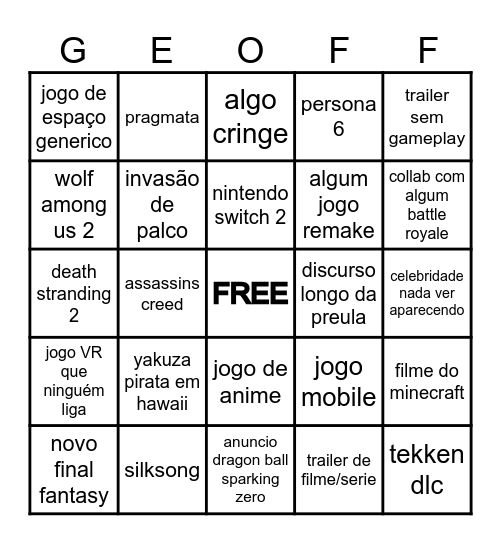 TGA Bingo Card