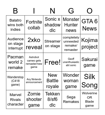 Game Awards 2024 Bingo Card