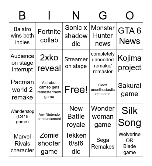 Game Awards 2024 Bingo Card