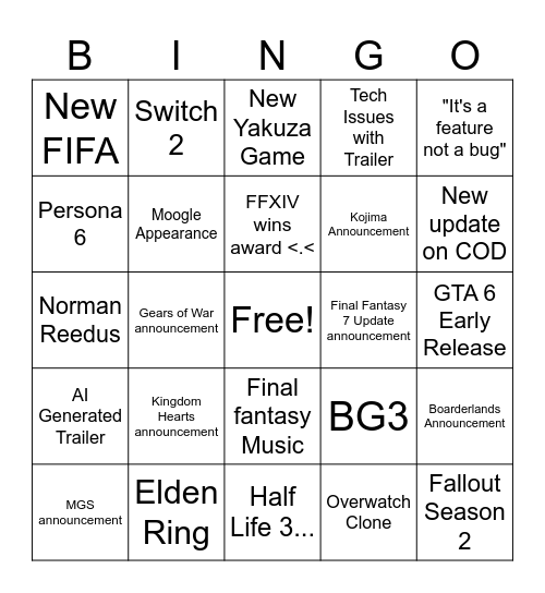 Game Awards Bingo Card