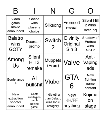Game Awards 2024 Bingo Card