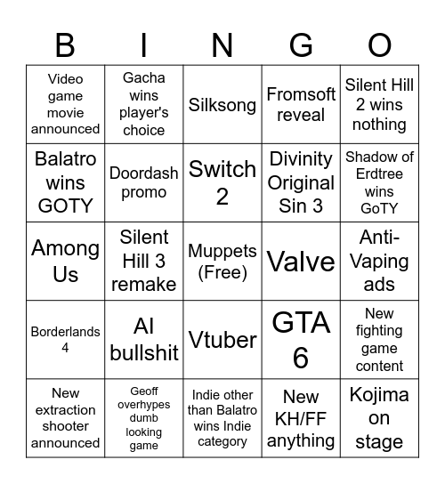 Game Awards 2024 Bingo Card