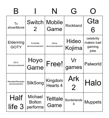 Game Awards 2024 Bingo Card