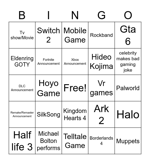 Game Awards 2024 Bingo Card