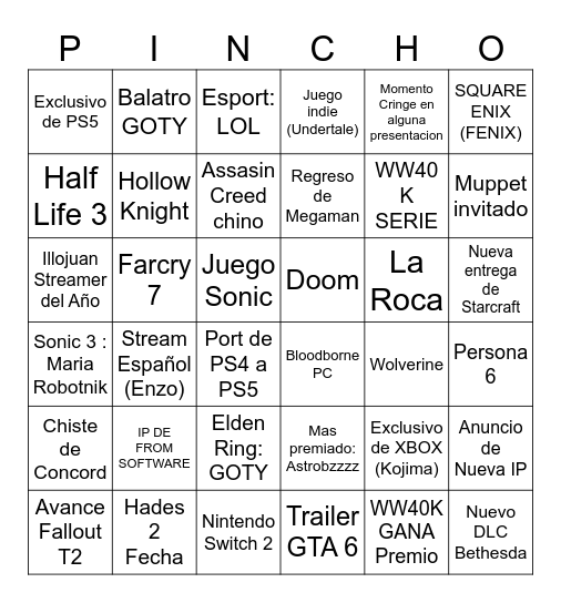 Goty 2024 Bingo Card