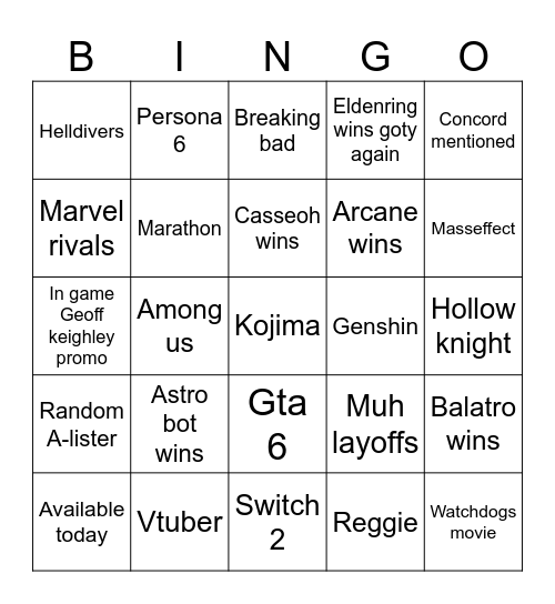 Goty Bingo Card