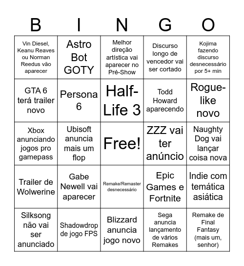 TGA Bingo Card