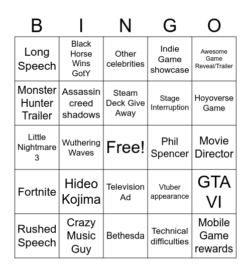 TGA BINGO W/ THE BOYS Bingo Card