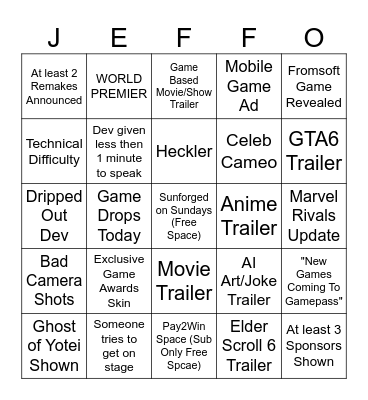 Game Awards Innit Bingo Card