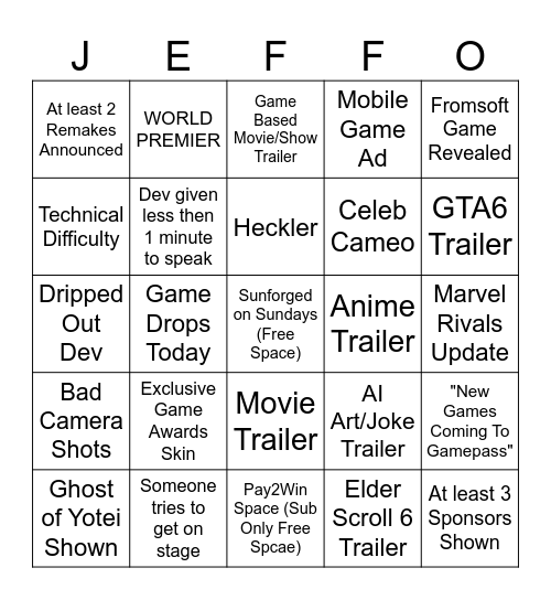 Game Awards Innit Bingo Card