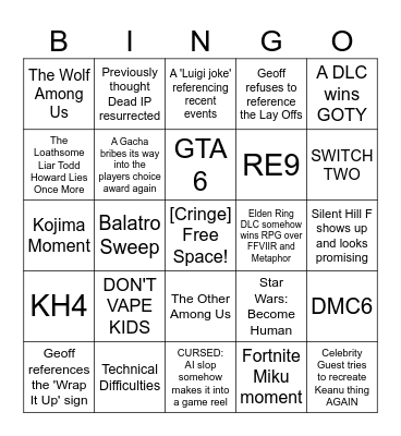 Game Awards Bingo Card
