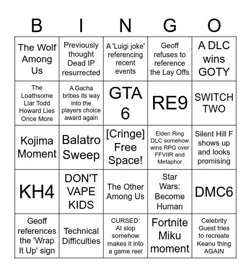 Game Awards Bingo Card