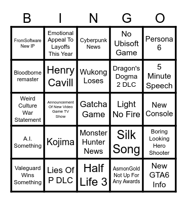 Games Award Bingo Card