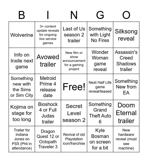 The Game Awards 2024 Bingo Card