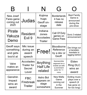 TGA Bingo Card