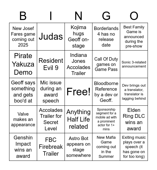 TGA Bingo Card