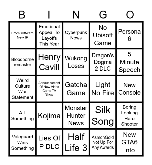 Games Award Bingo Card