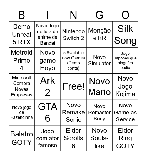 TGA awards bingo supremo Bingo Card