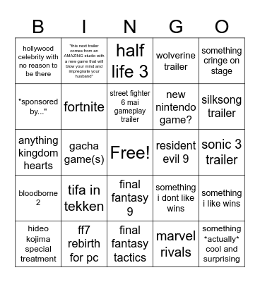 game awards bingo Card