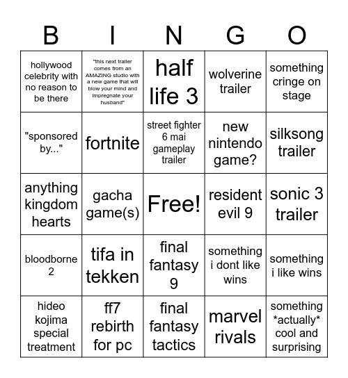 game awards bingo Card