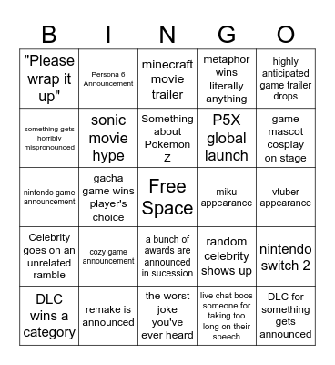 Game Awards Bingo Card