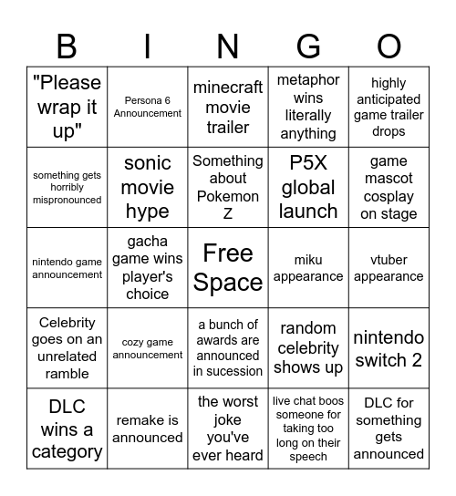 Game Awards Bingo Card