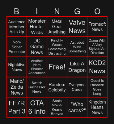 Game Awards 2024 Bingo Card