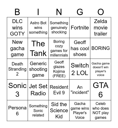 Game Awards 2024 Bingo Card