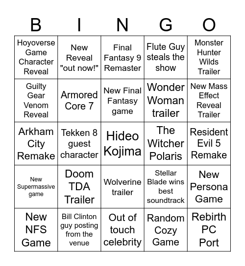 The Game Awards 2024 Bingo Card