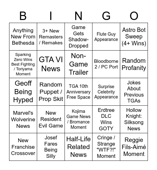 The Game Awards 2024 Bingo Card