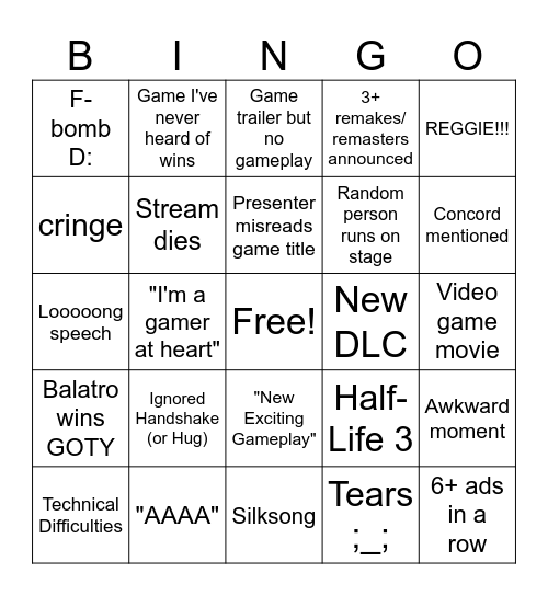 Game Awards Bingo Card