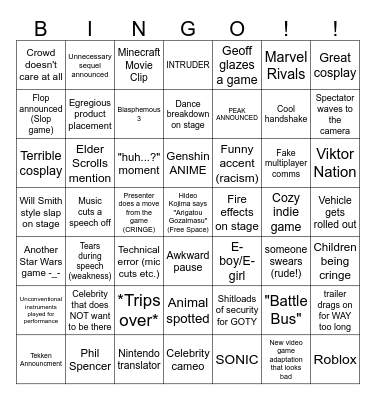 TGA Bingo Card