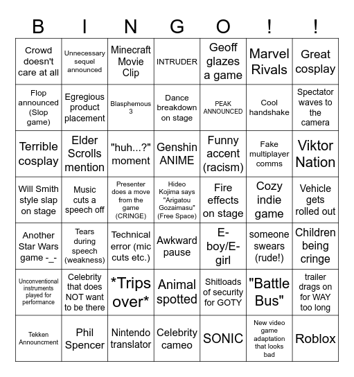 TGA Bingo Card