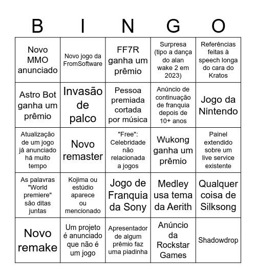 TGA Bingo Card