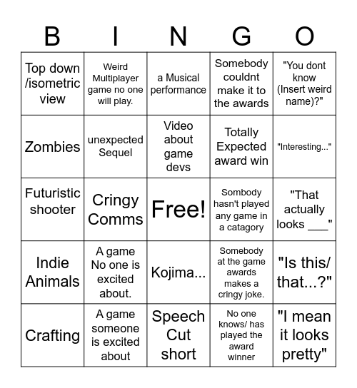 Game Awards Bingo Card