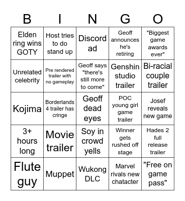 Game Awards Bingo Card
